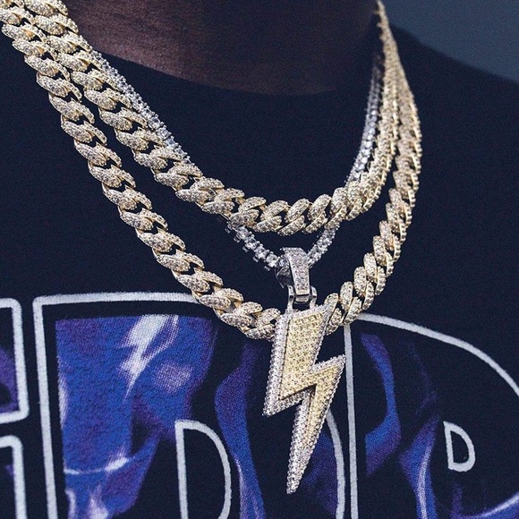 18k Gold Iced Out Lightning Pendant w/ Necklace - Picture 8 of 8